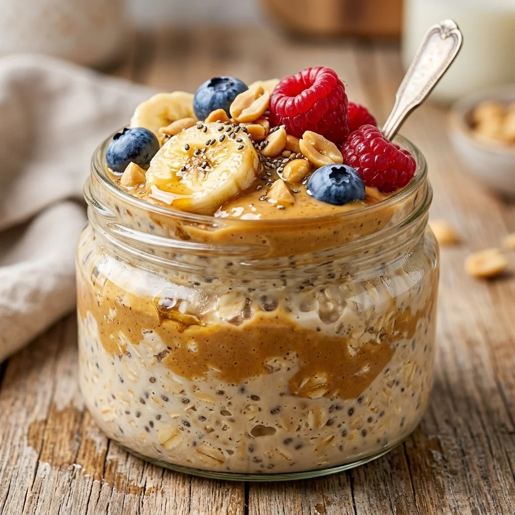 Bowl of peanut butter overnight oats topped with banana and chia seeds