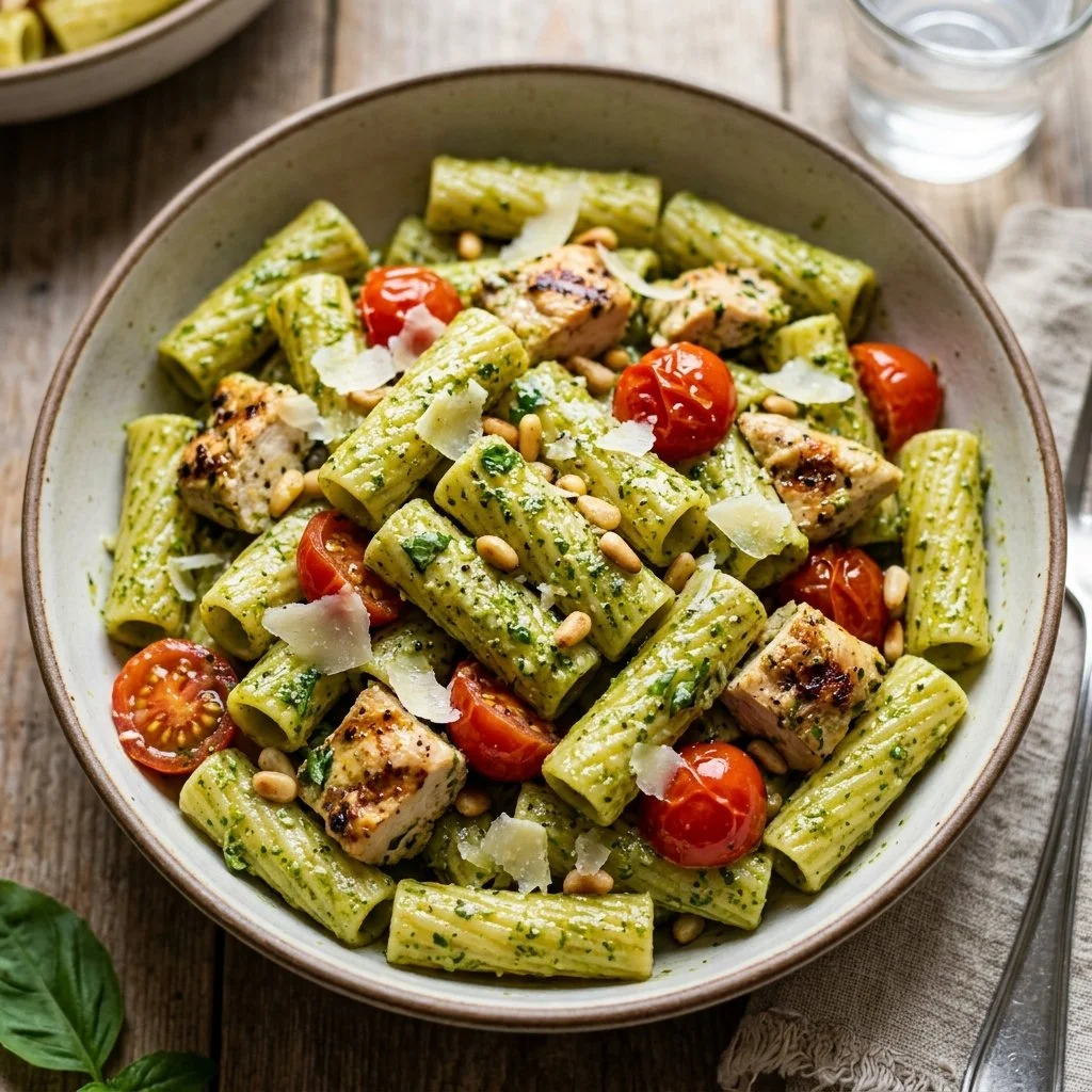 Delicious pesto chicken pasta served in a bowl with fresh basil garnish