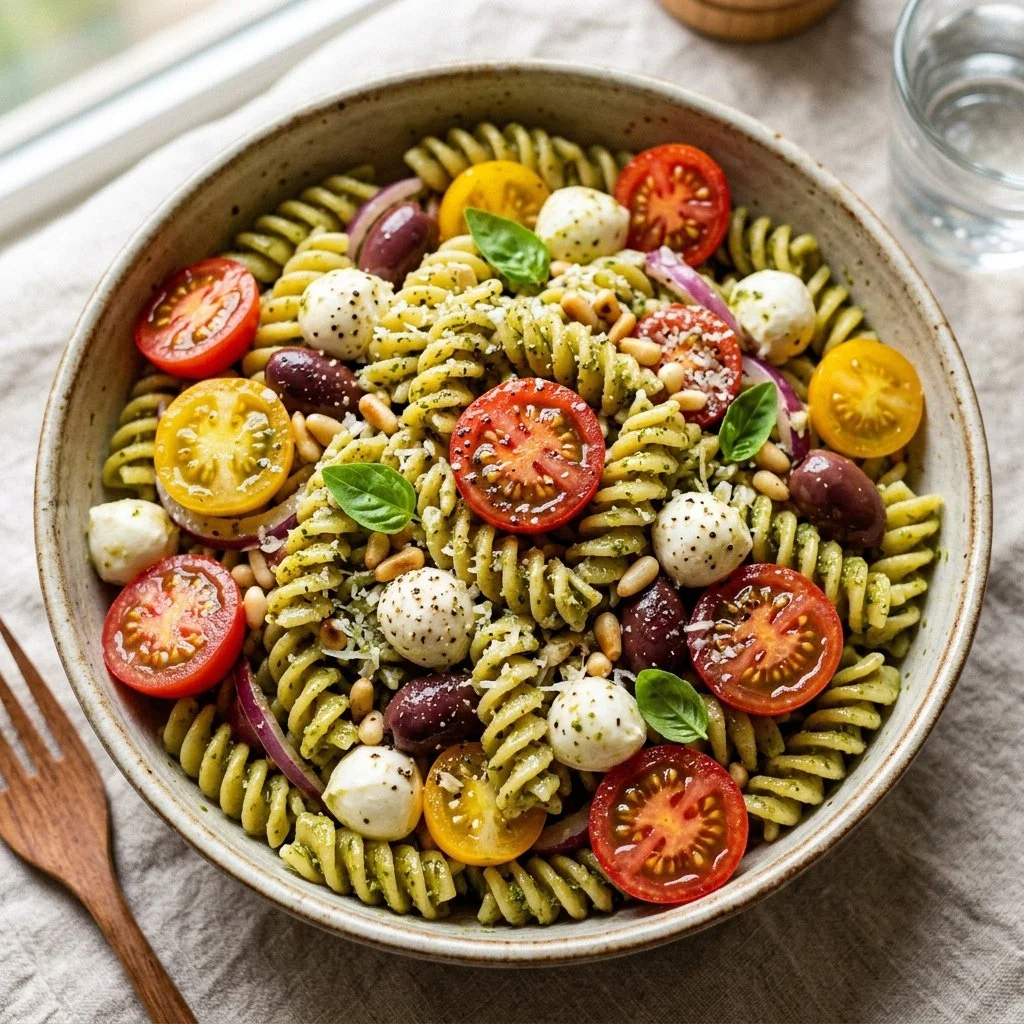 Colorful pesto pasta salad with fresh vegetables and aromatic herbs
