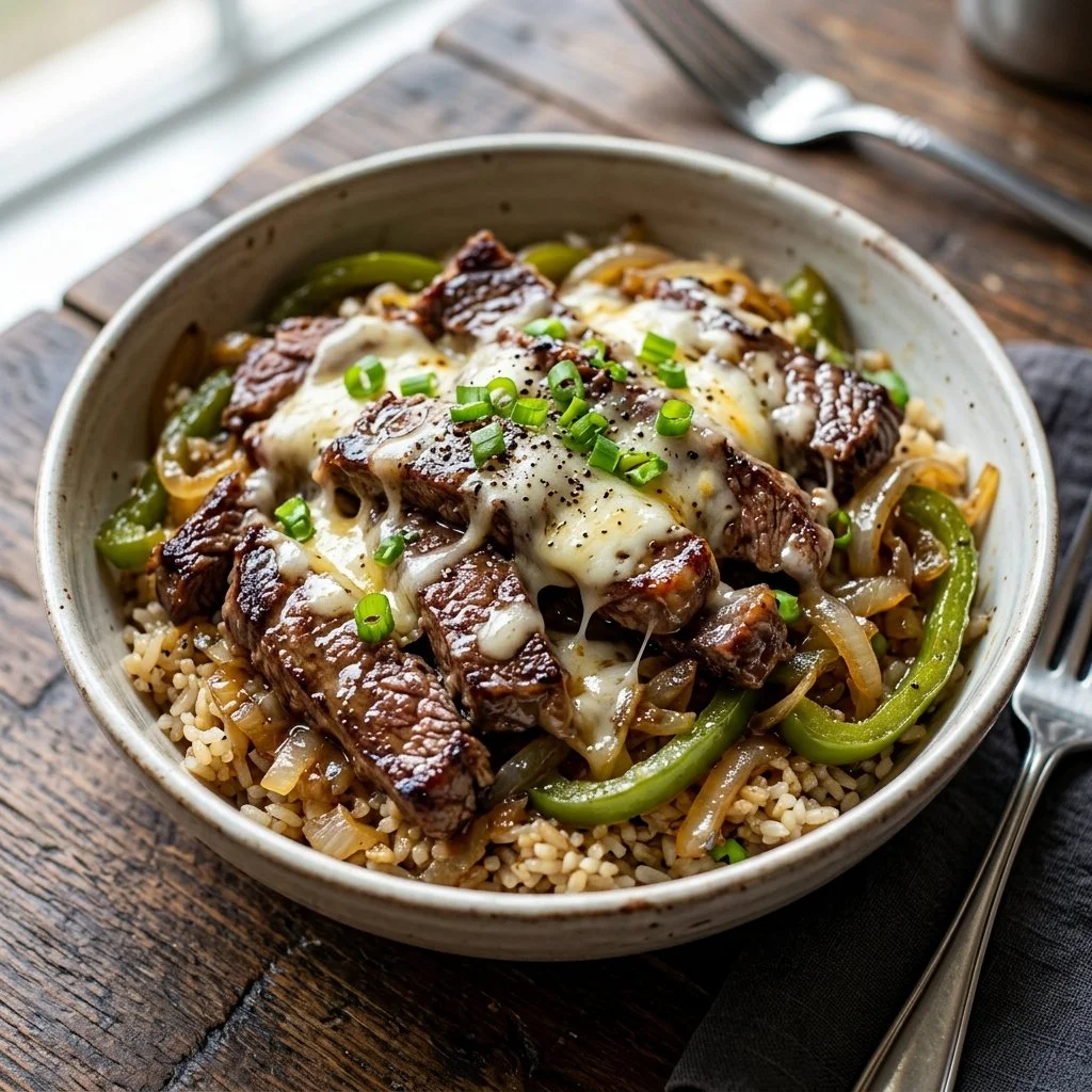 Delicious Philly Cheesesteak Bowl with savory beef and toppings