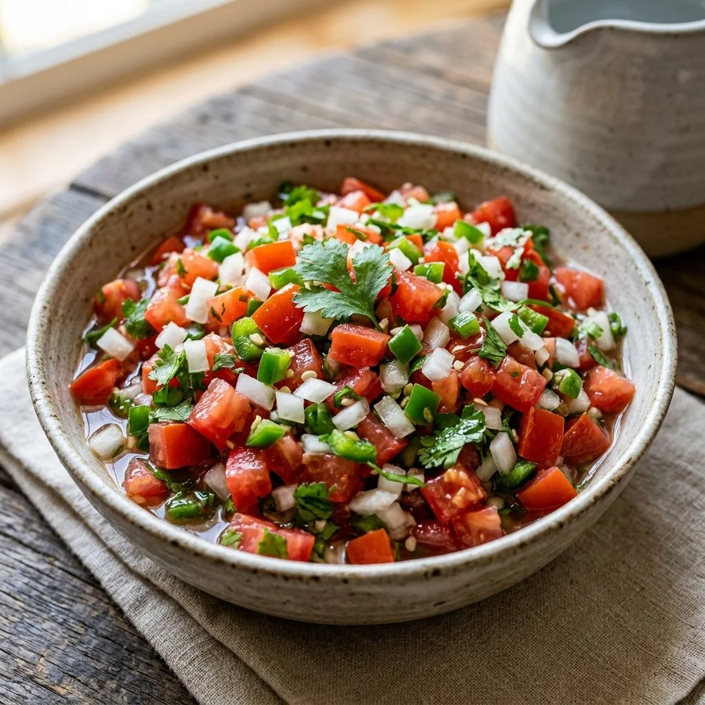 A colorful bowl of fresh Pico de Gallo salsa with diced tomatoes, onions, and cilantro