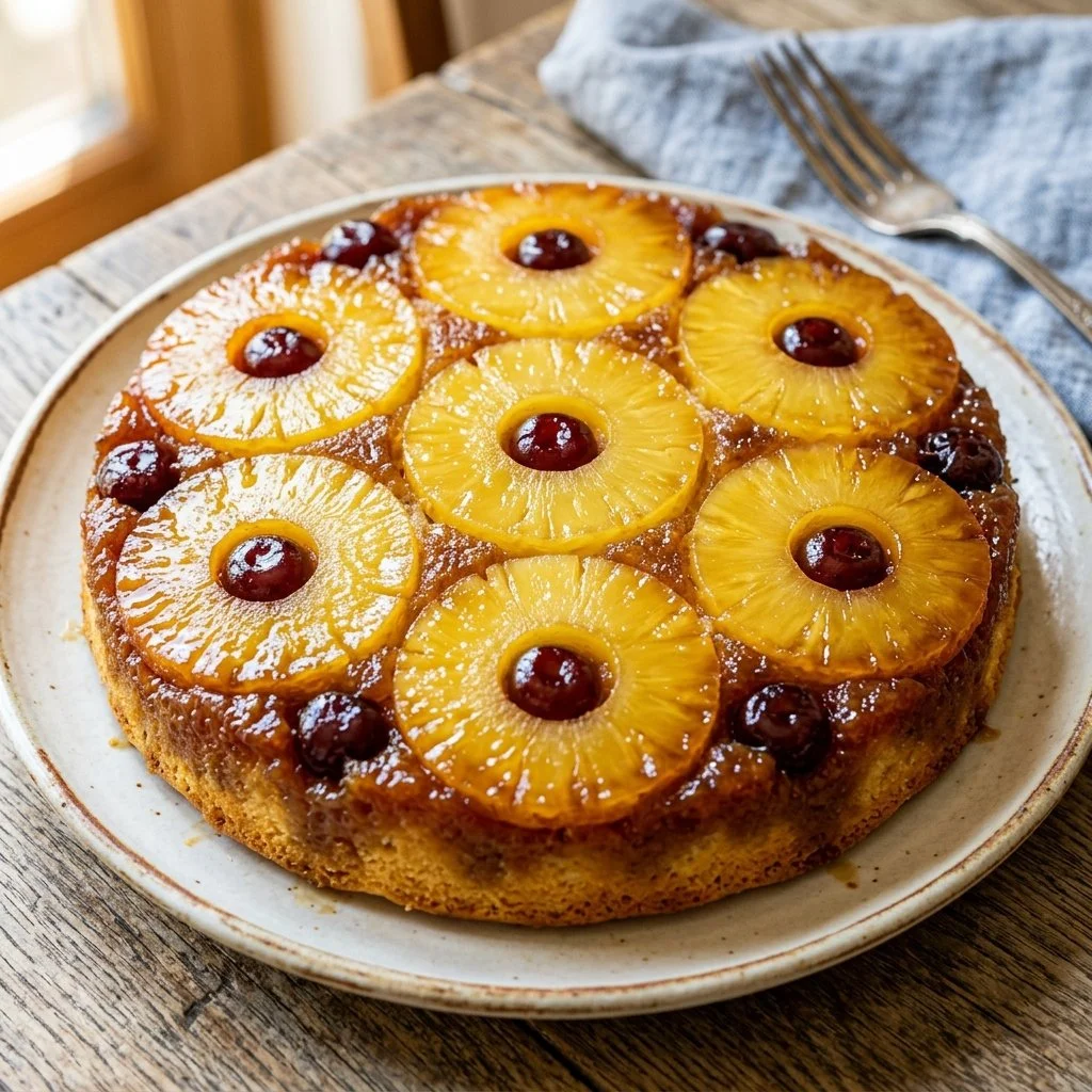 Delicious Pineapple Upside Down Cake with caramelized pineapple topping
