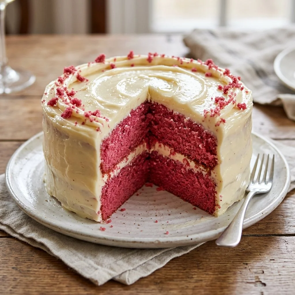 Beautifully decorated Pink Velvet Cake with cream cheese frosting