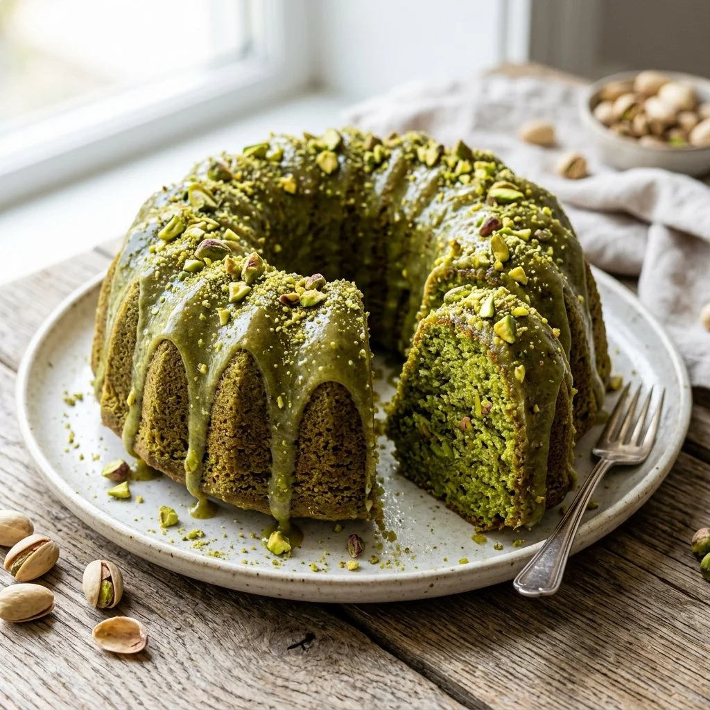 Moist and flavorful Pistachio Bundt Cake garnished with chopped pistachios.