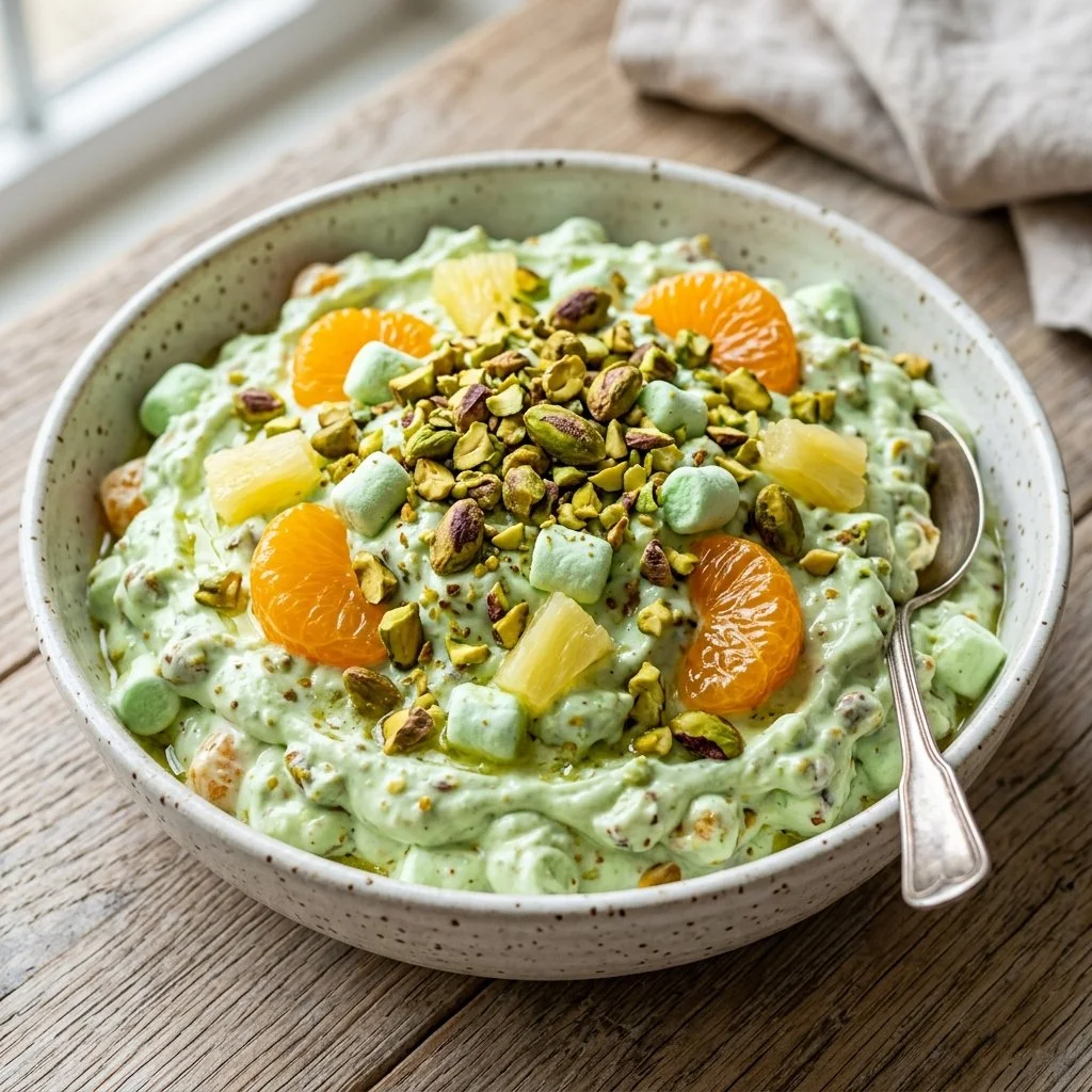 Colorful bowl of fresh Pistachio Salad with greens and vibrant toppings