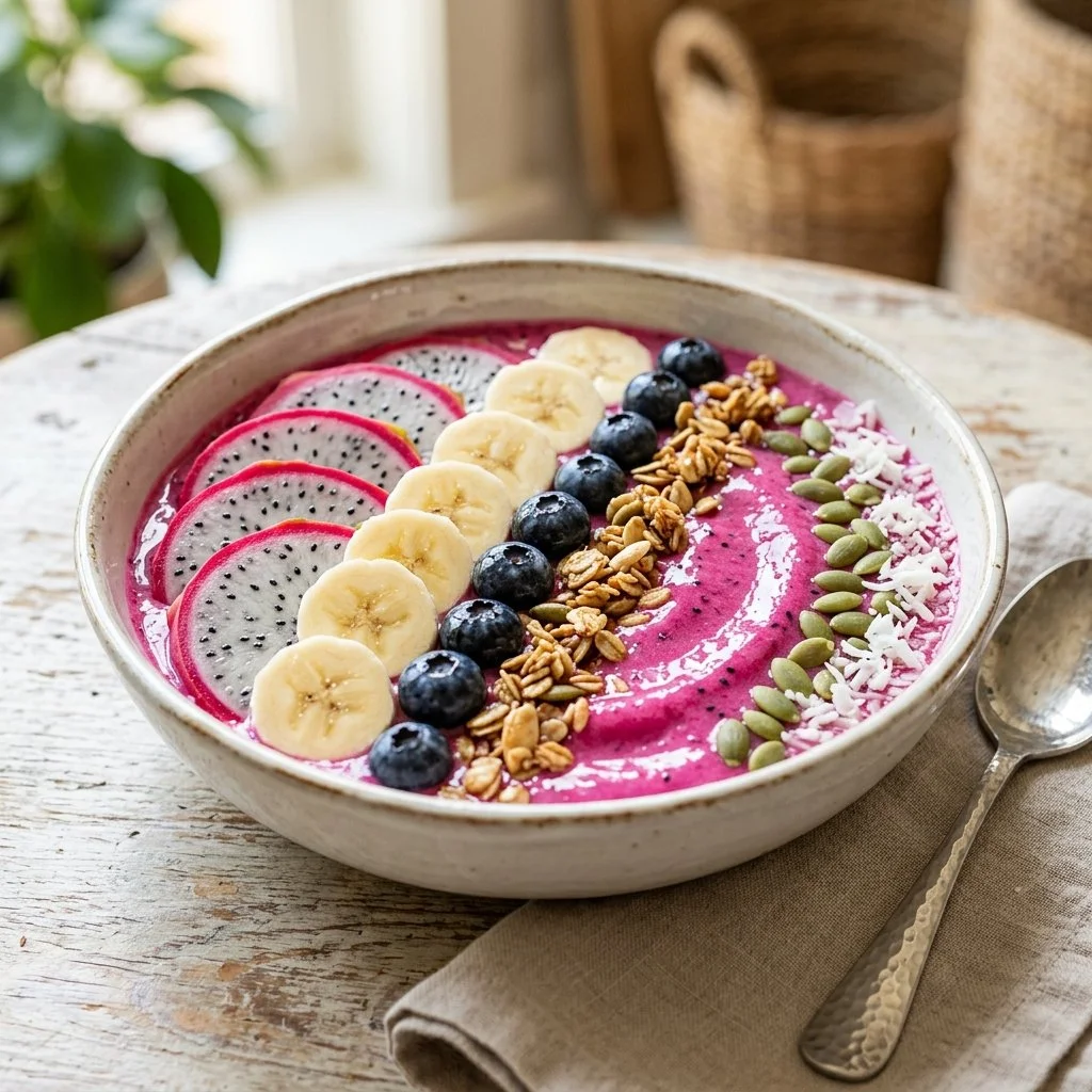Colorful Pitaya Smoothie Bowl topped with fruits and seeds