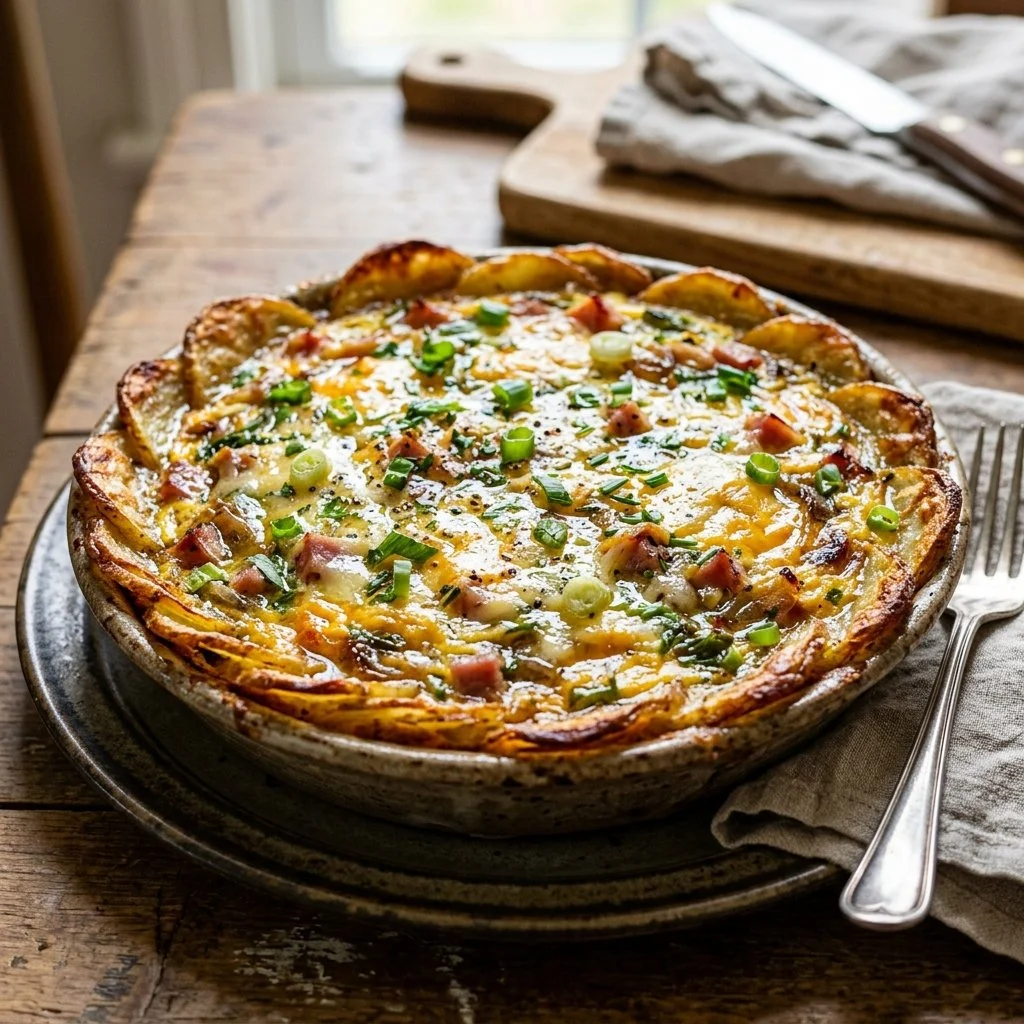 Delicious Potato Crust Quiche served fresh with a colorful vegetable filling.
