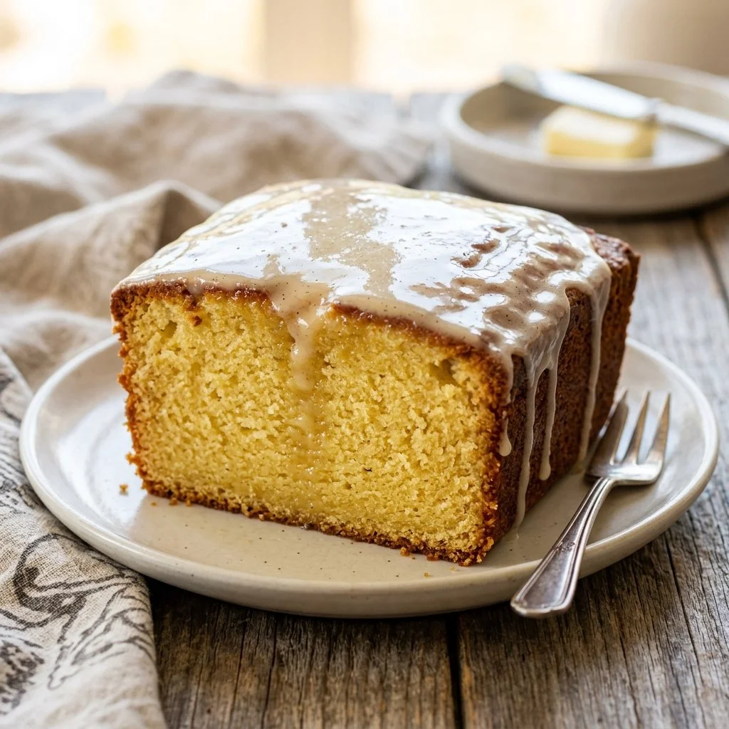A delicious slice of homemade Pound Cake on a plate with fresh berries
