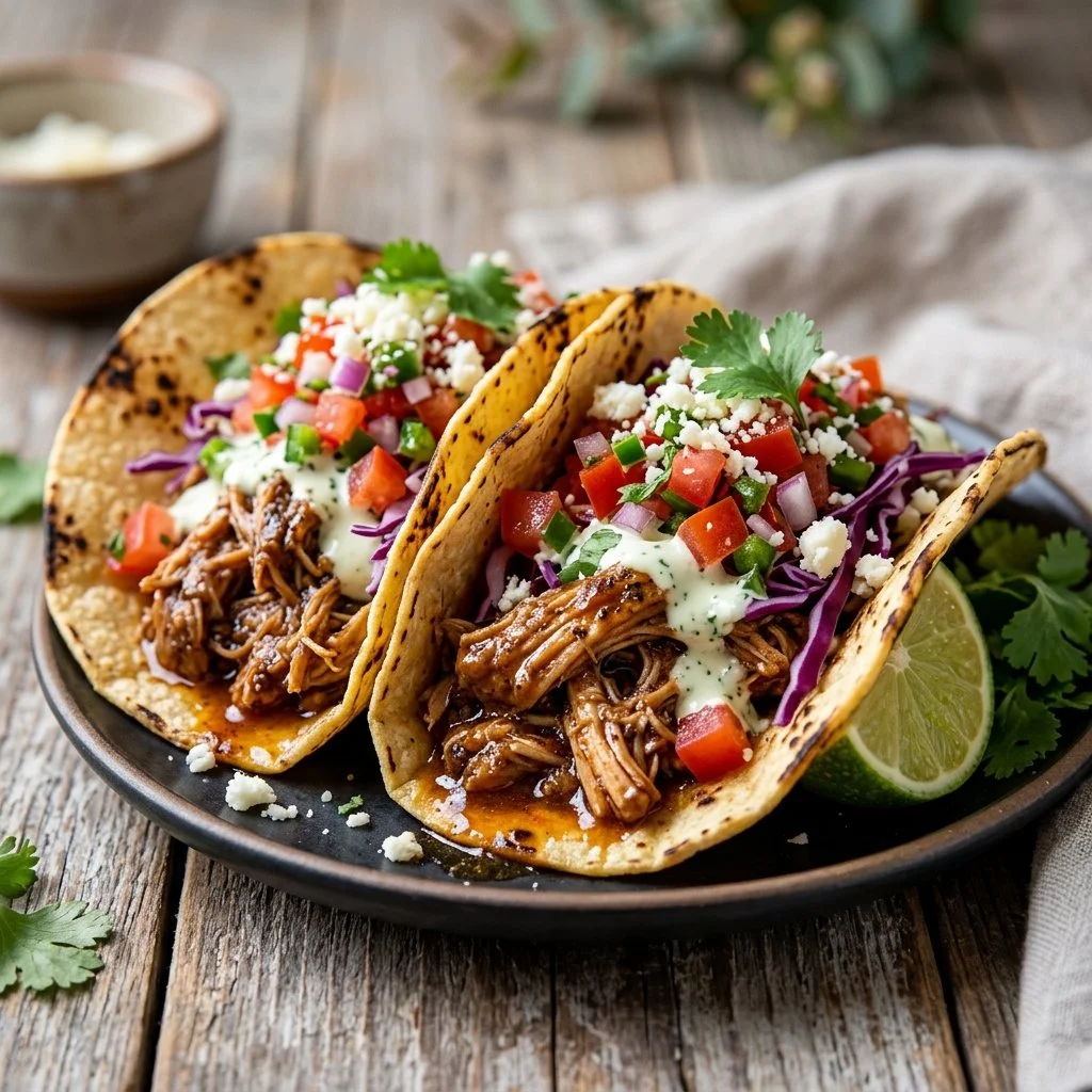 Delicious pulled chicken tacos topped with fresh ingredients
