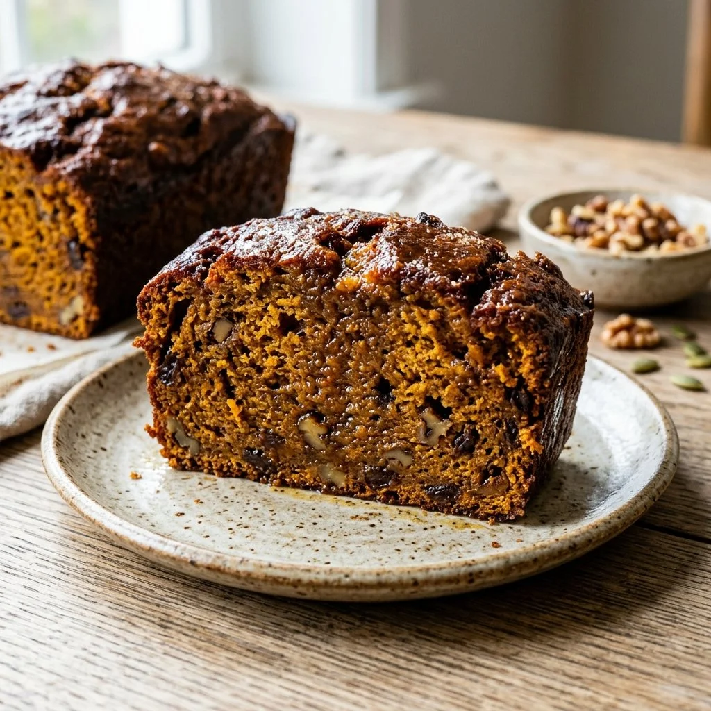 Freshly baked pumpkin bread with spices and nuts on a wooden table