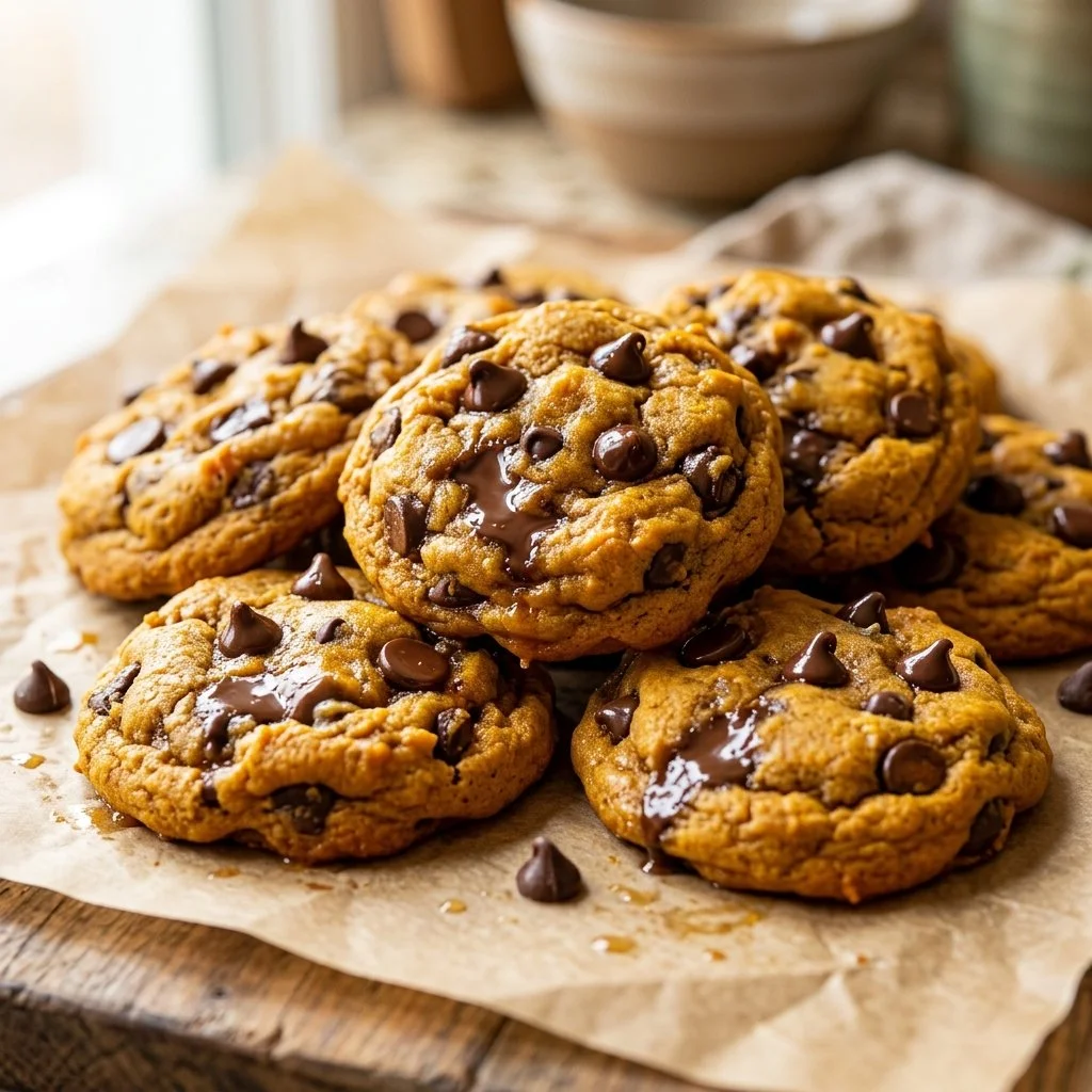 Freshly baked pumpkin chocolate chip cookies on a baking tray