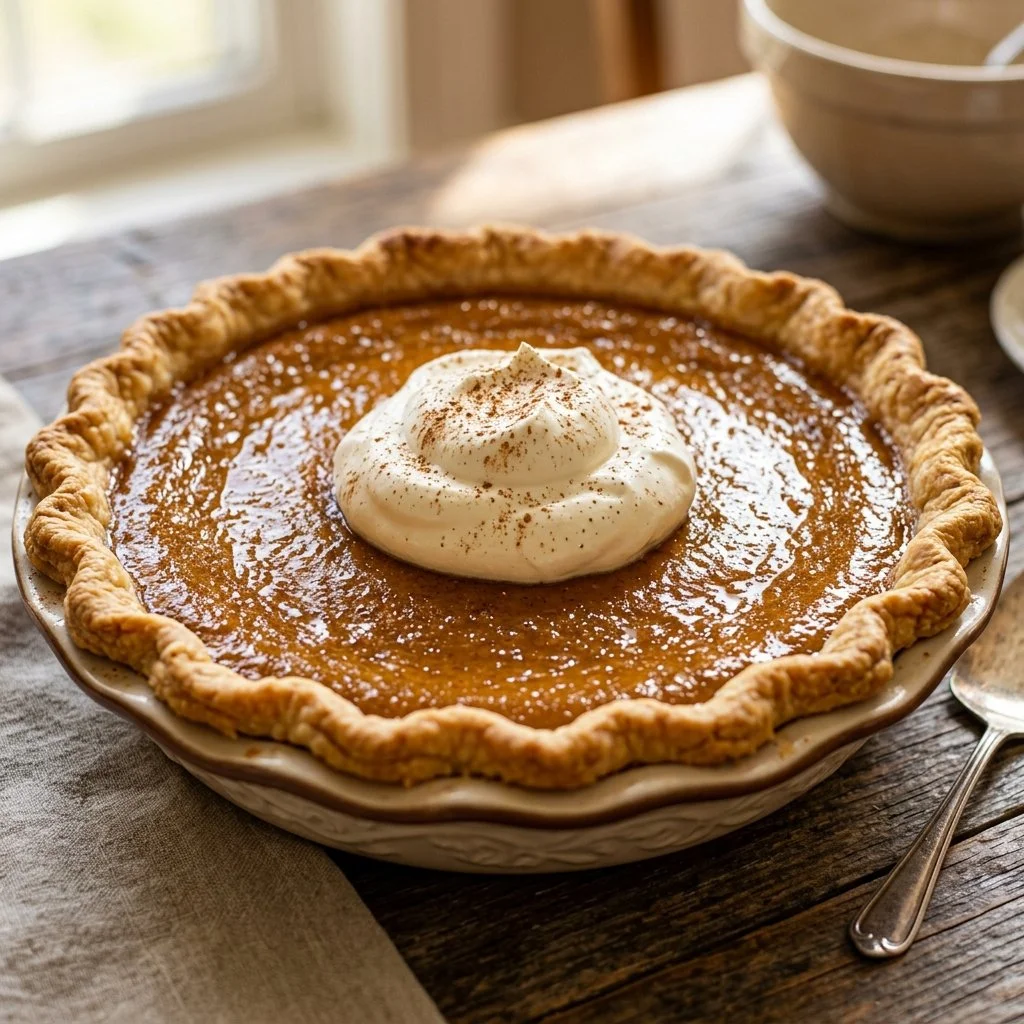 Delicious homemade pumpkin pie with whipped cream on top