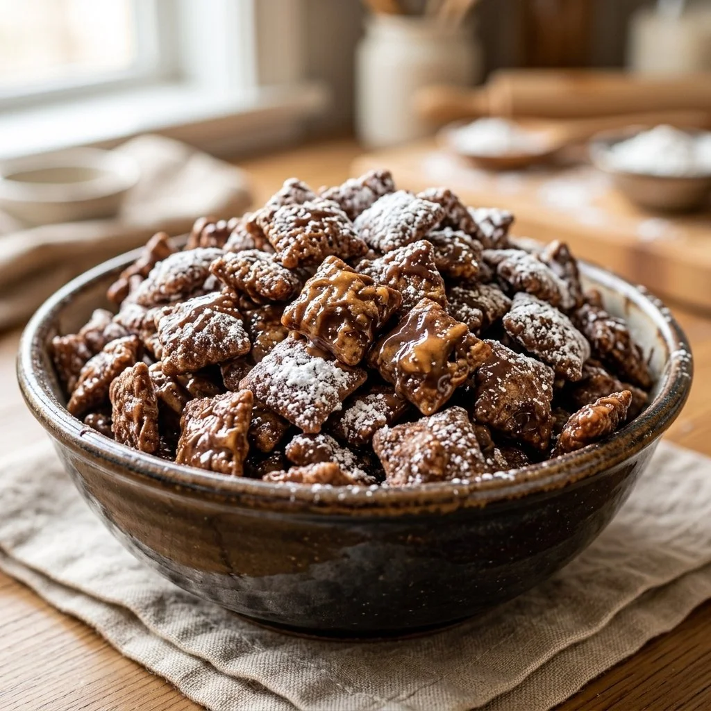 A plate of homemade puppy chow treat for dogs