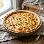 Delicious homemade Quiche Lorraine with bacon and cheese in a golden crust