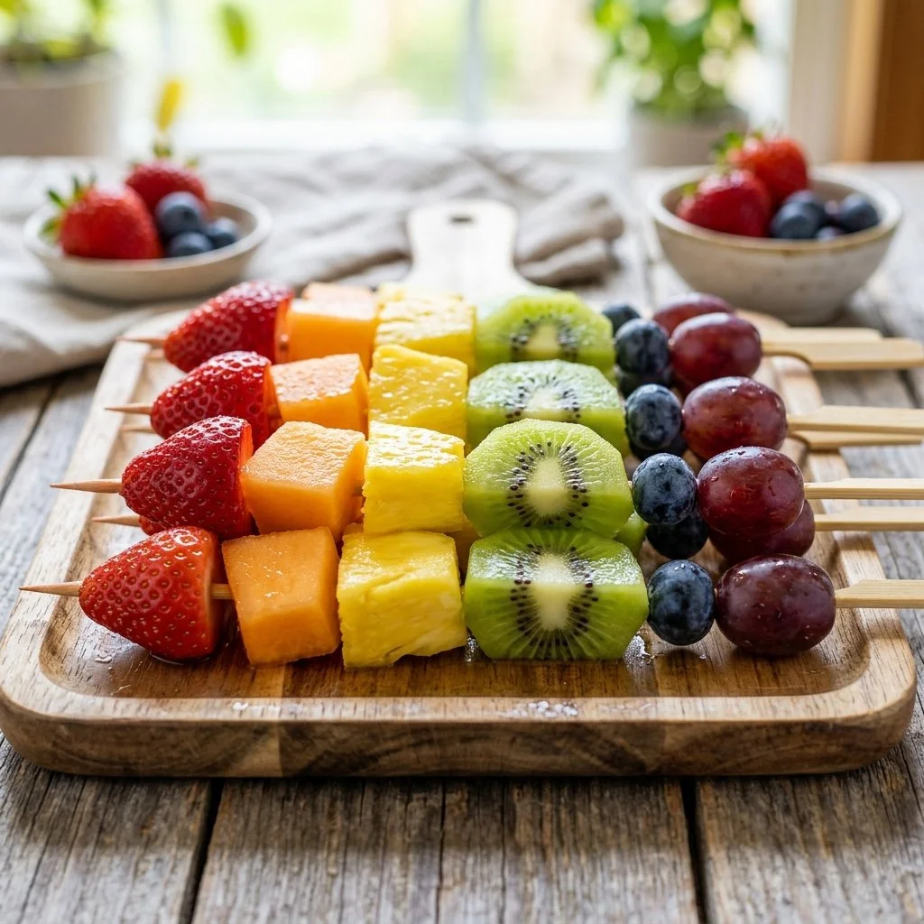 Colorful rainbow fruit skewers with various fresh fruits on sticks.