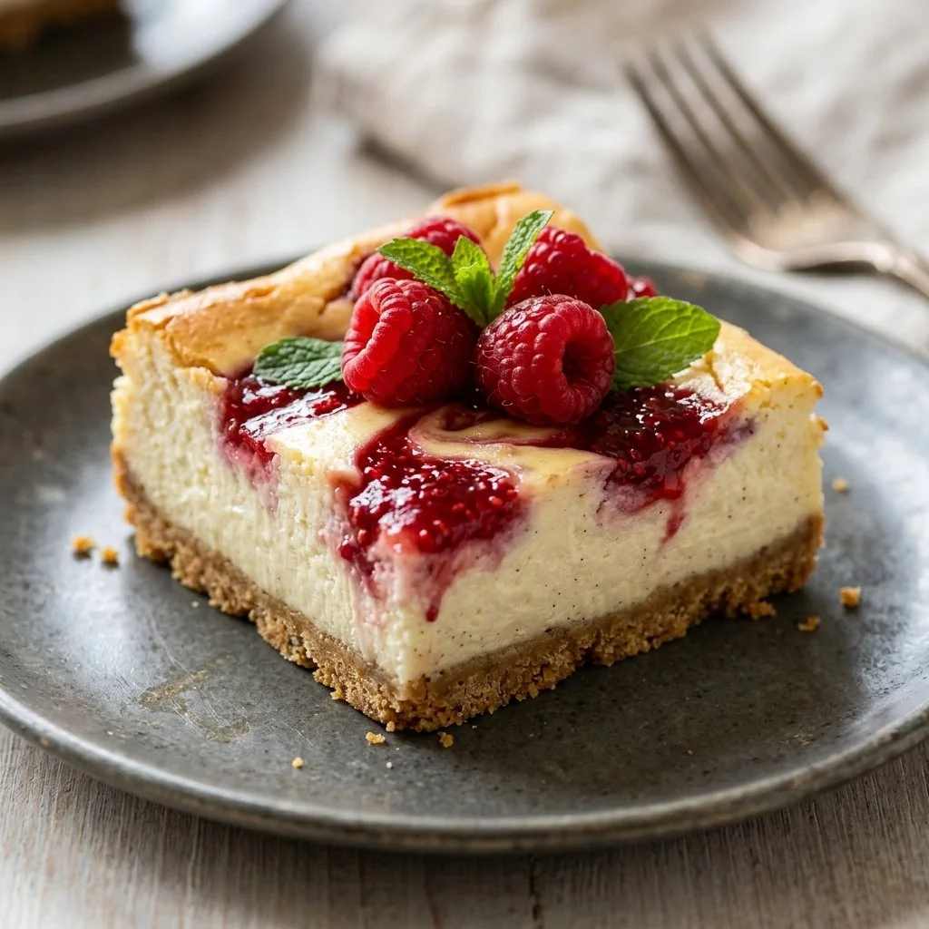 Delicious Raspberry Cheesecake Bars topped with fresh raspberries