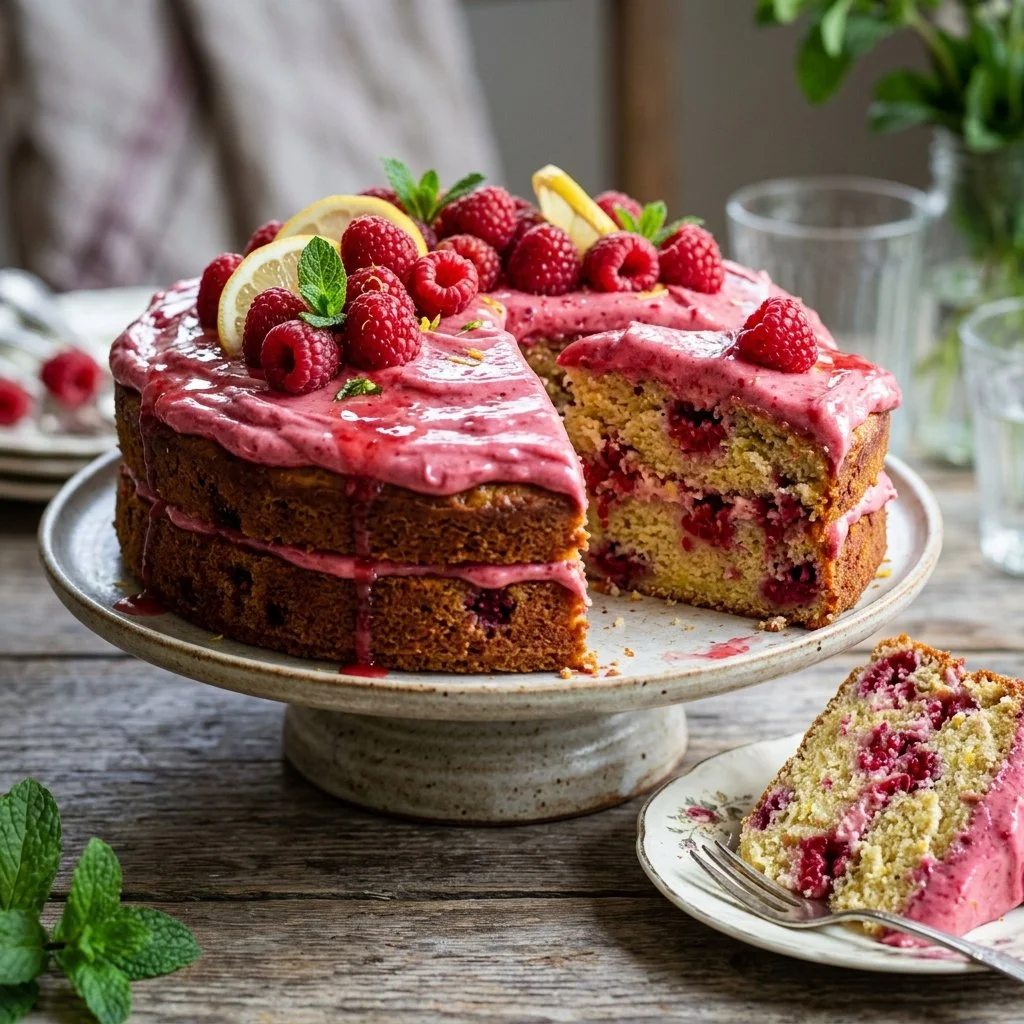 Delicious Raspberry Lemonade Cake with fresh raspberries and lemon glaze