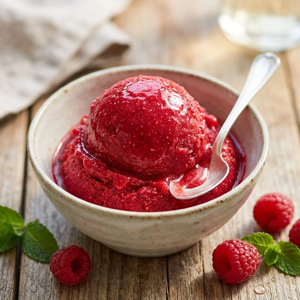 A refreshing bowl of raspberry sorbet garnished with fresh raspberries and mint leaves.