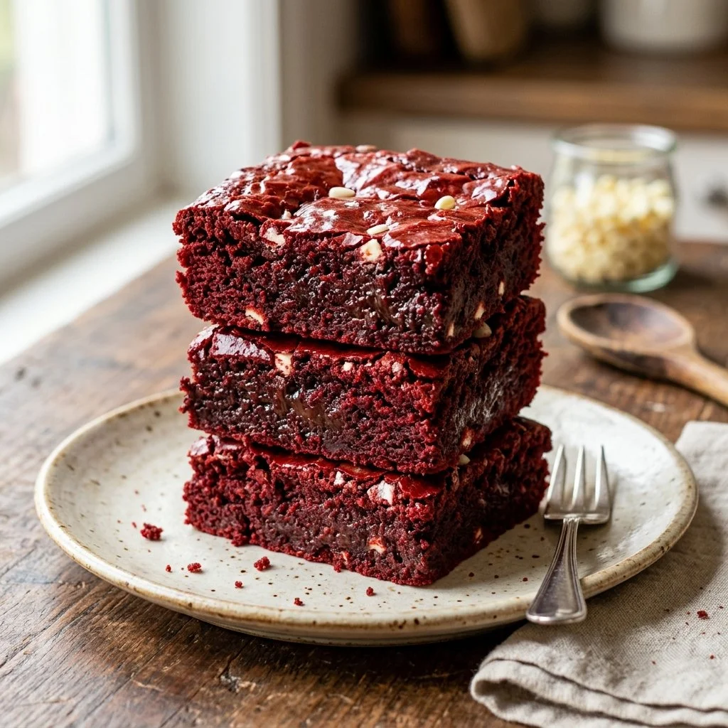 Delicious red velvet brownies with cream cheese frosting on a wooden table