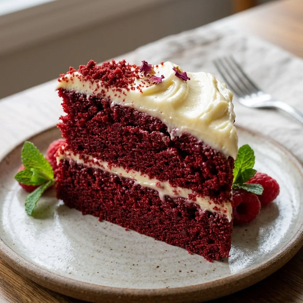 Delicious red velvet cake topped with cream cheese frosting and decorative sprinkles.