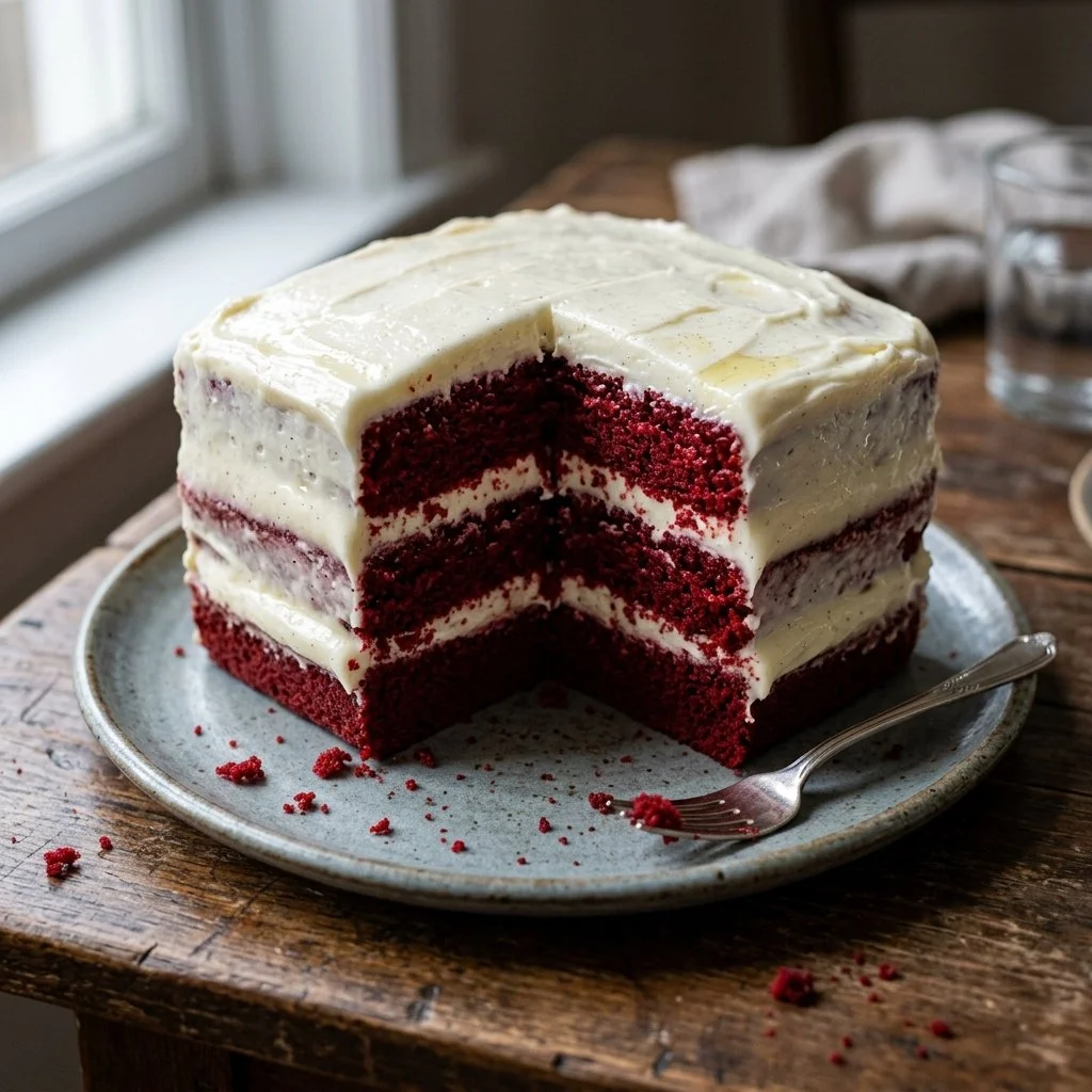 Delicious slice of red velvet cake with cream cheese frosting on a plate
