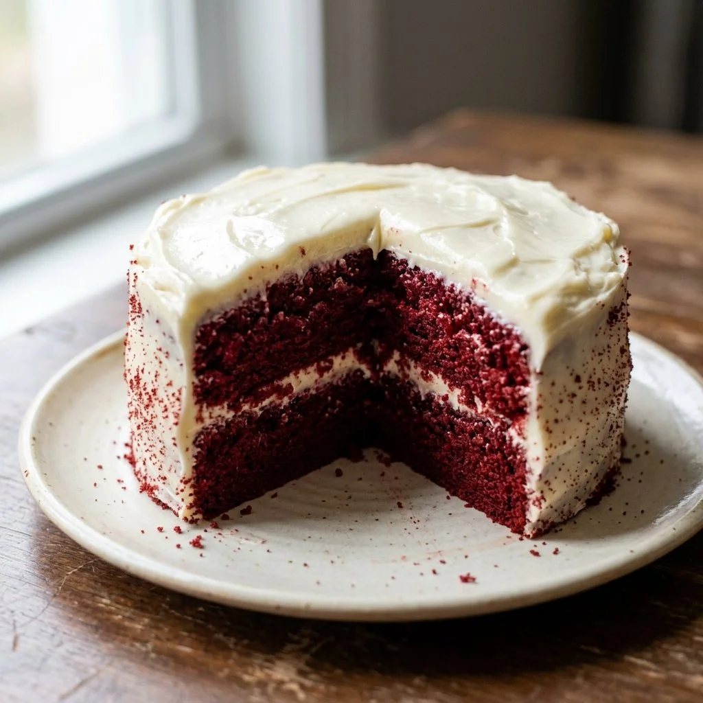 Delicious red velvet cake topped with cream cheese frosting