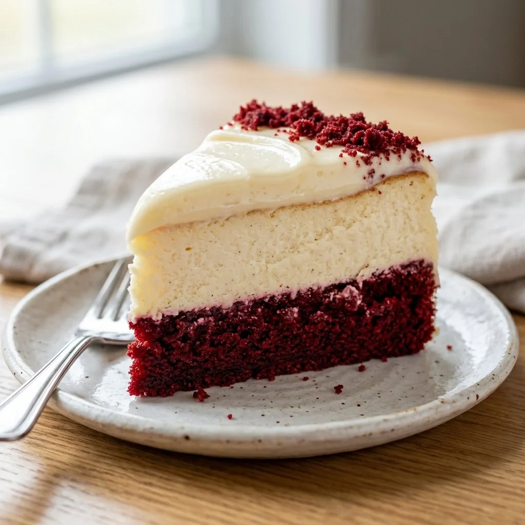 Delicious slice of Red Velvet Cheesecake topped with cream cheese frosting.