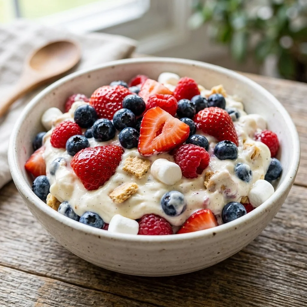 Delicious Red White and Blue Cheesecake Salad with fresh berries and creamy topping