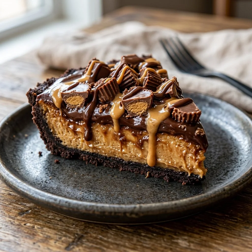 Sliced Reese's Peanut Butter Pie on a plate garnished with chocolate drizzle
