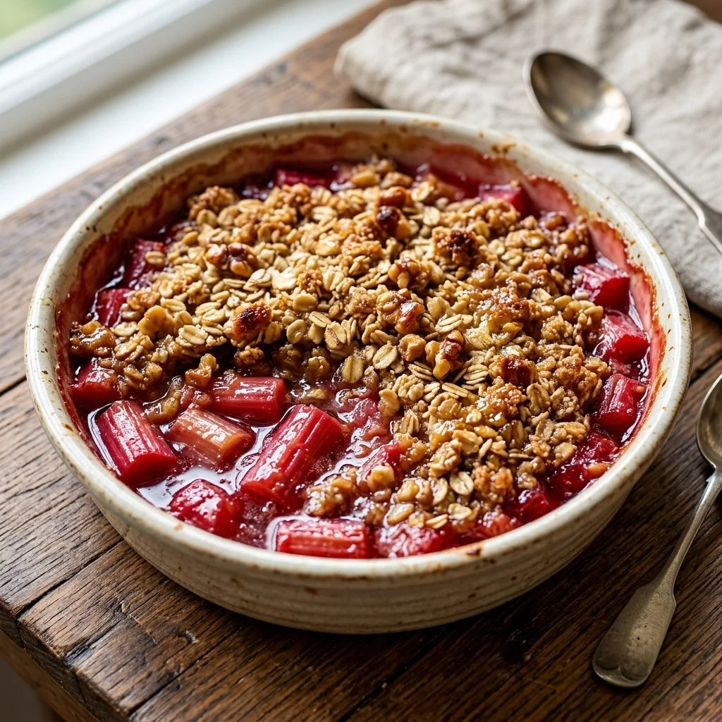 Delicious rhubarb crisp dessert with a golden crumble topping