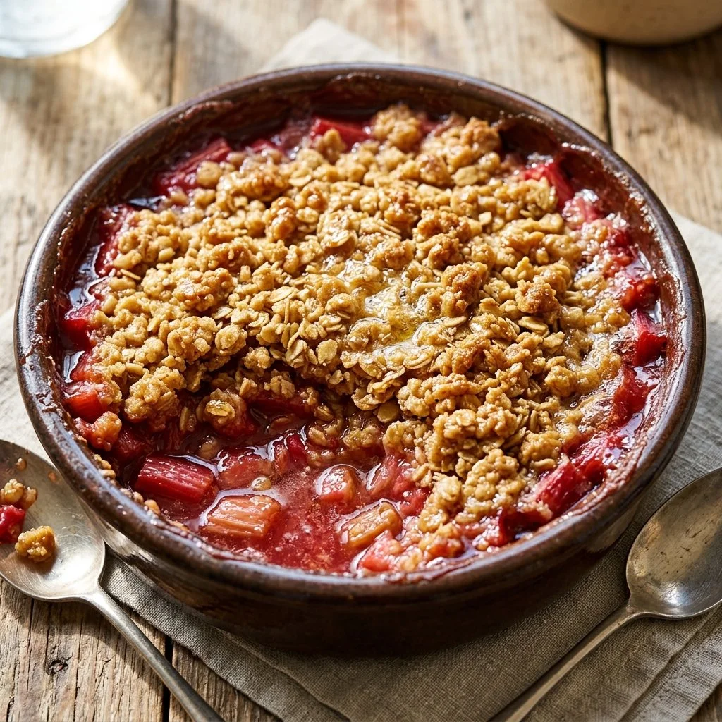 Delicious homemade rhubarb crisp dessert served in a bowl