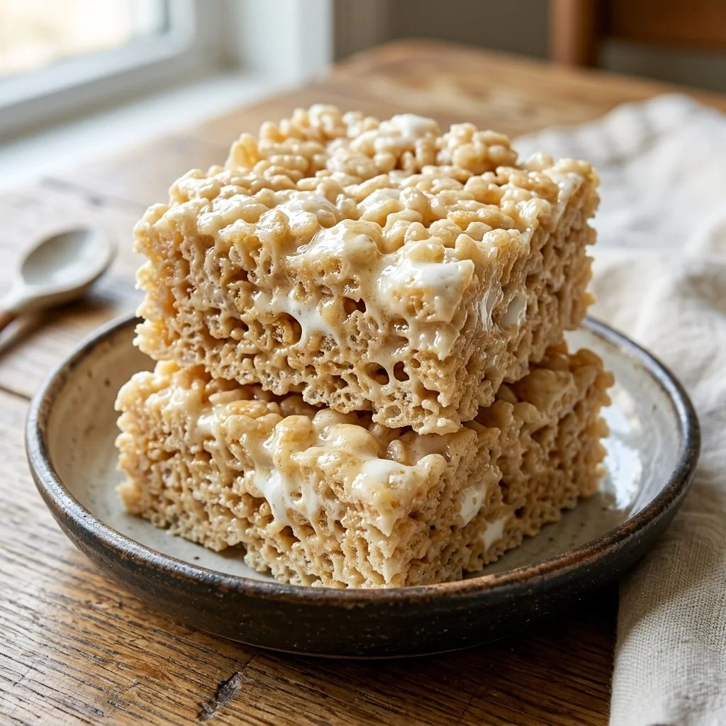 Homemade Rice Krispie Treats with marshmallows and butter, dessert snack