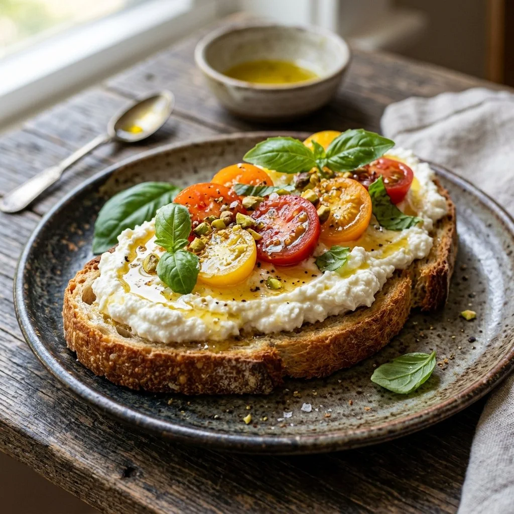 Delicious ricotta toast topped with fresh fruit and honey