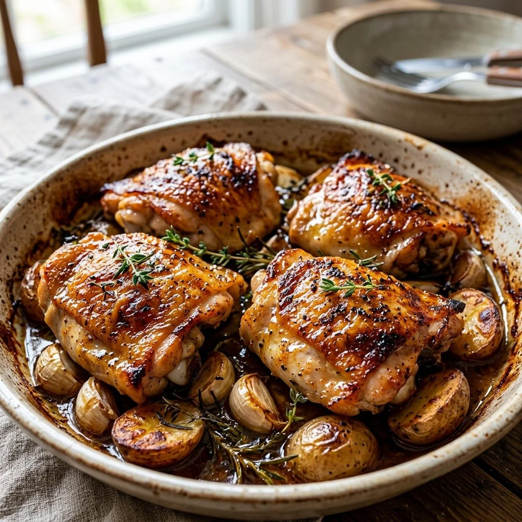 Juicy roasted chicken thighs served with herbs and spices