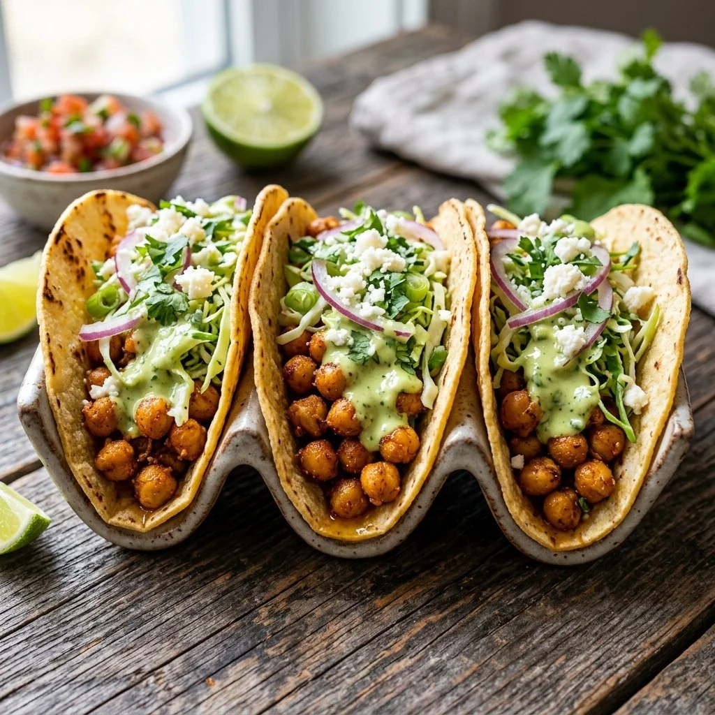 Delicious roasted chickpea tacos topped with fresh ingredients