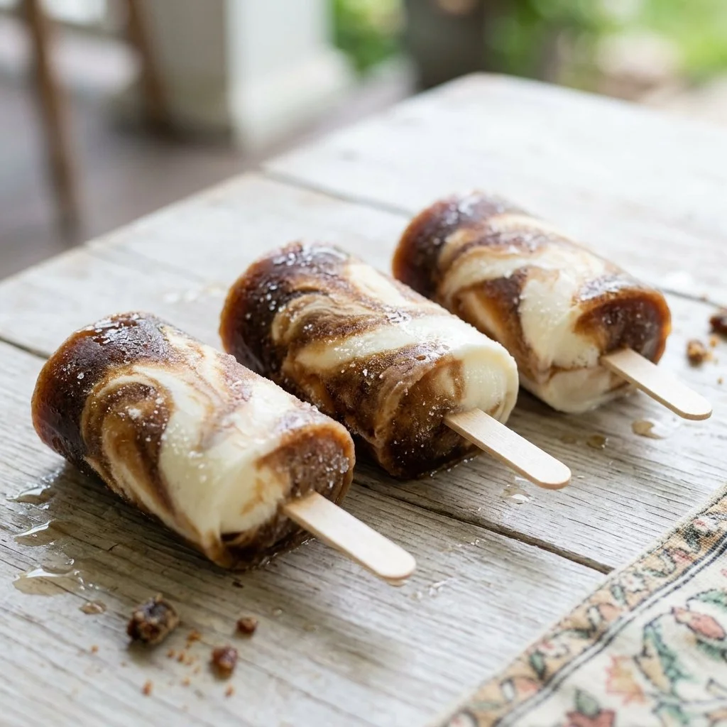 Homemade Root Beer Float Popsicles in a colorful mold on a wooden table.
