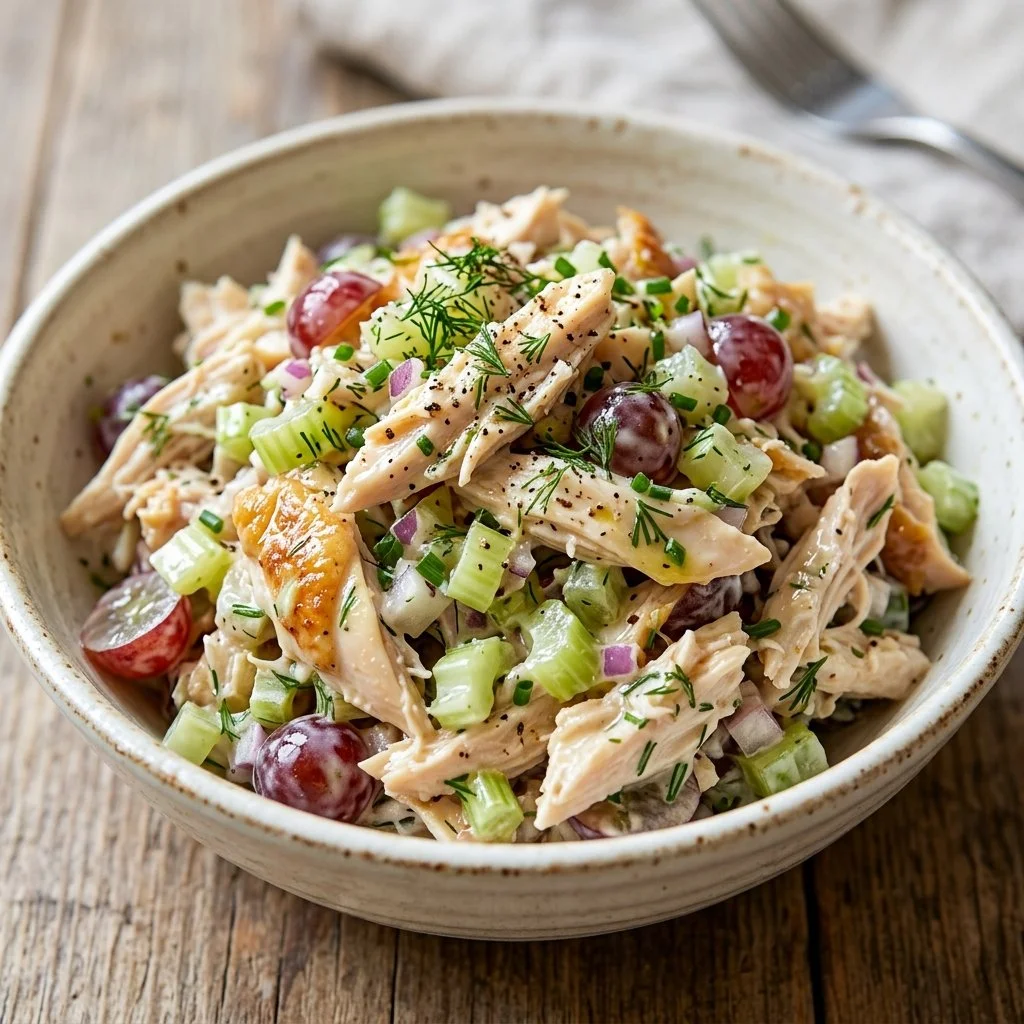 Freshly made rotisserie chicken salad served in a bowl with vegetables