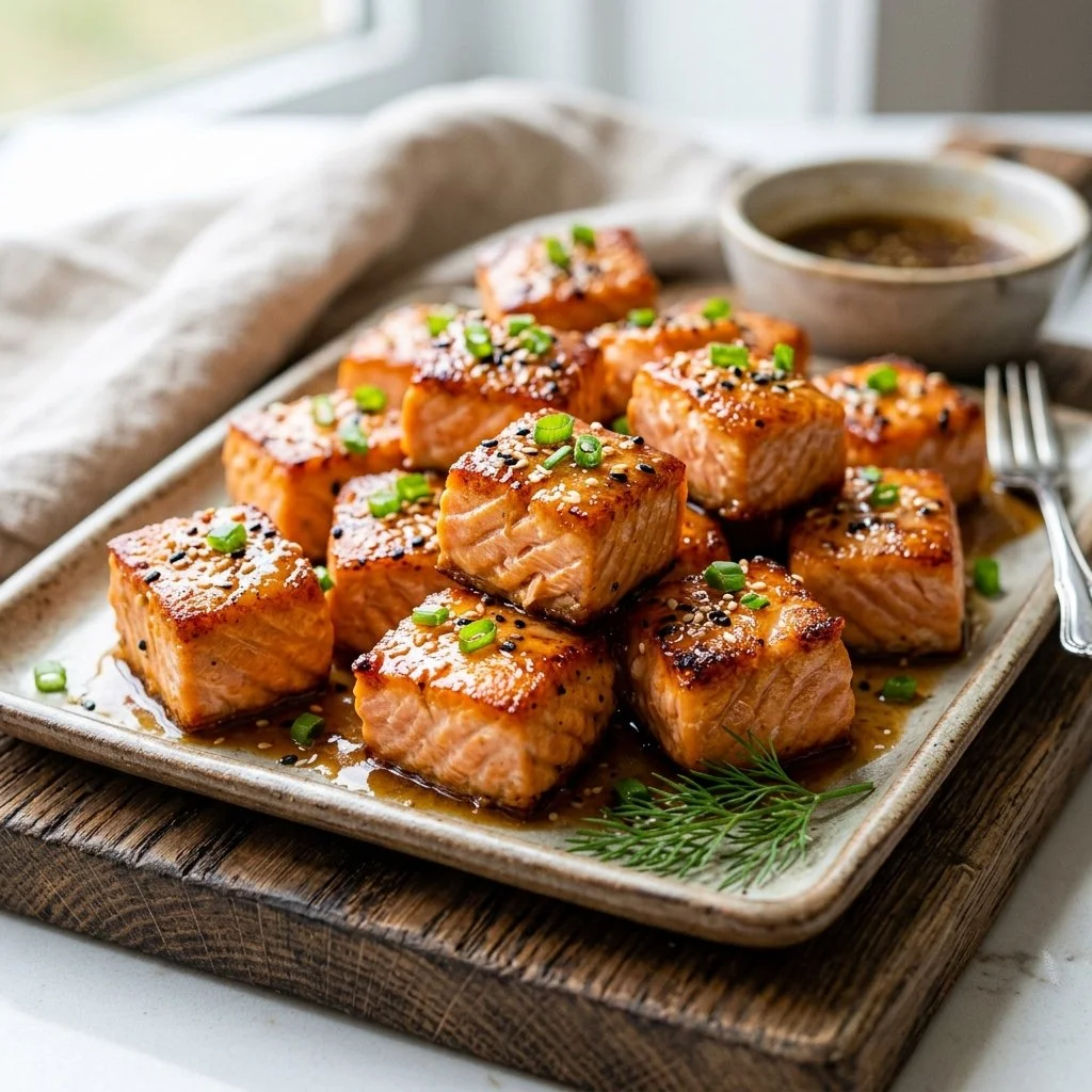 Plate of golden-brown salmon bites garnished with herbs