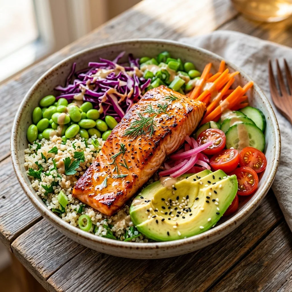 Colorful Salmon Buddha Bowl with fresh vegetables and grains