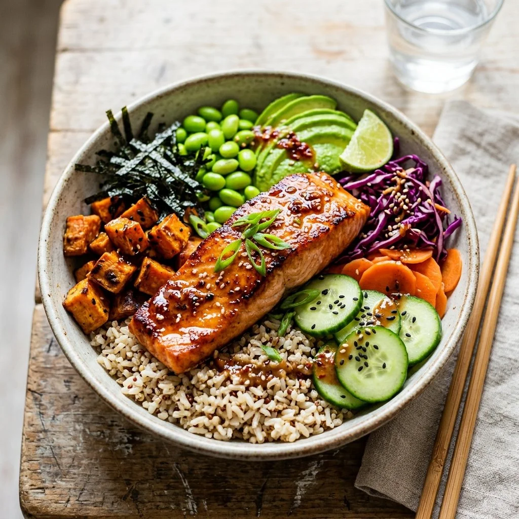 Colorful Salmon Buddha Bowl with fresh vegetables and grains