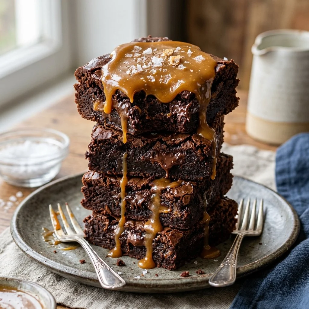 Delicious salted caramel brownies topped with a sprinkle of sea salt.