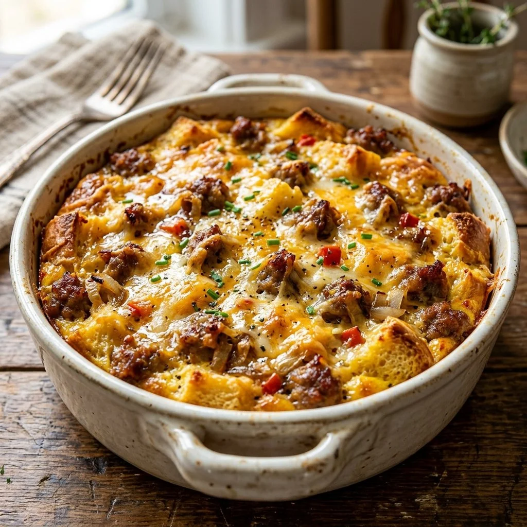 Delicious Sausage Breakfast Casserole with eggs, cheese, and sausage layers