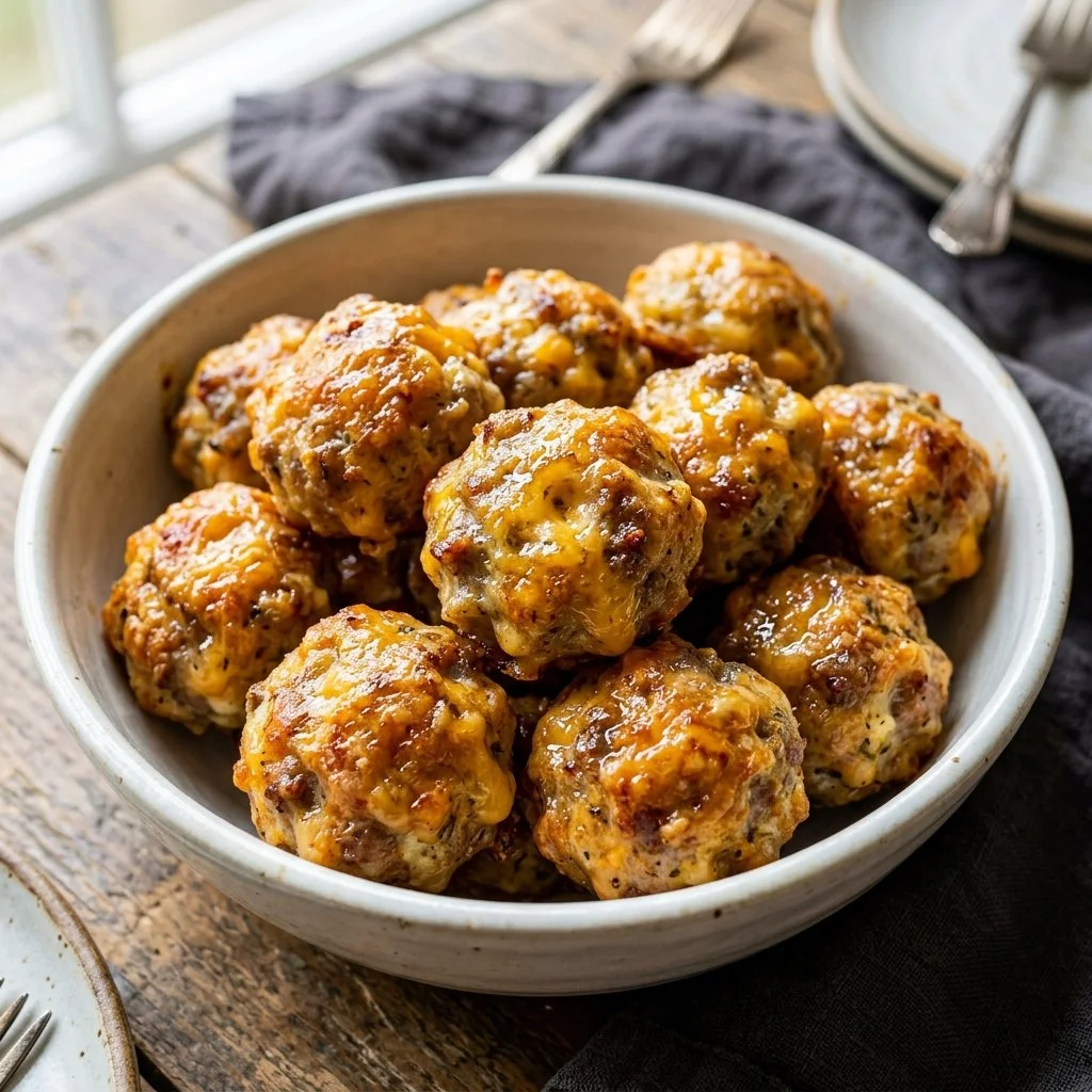 Sausage cream cheese balls on a platter, delicious appetizer for any occasion.