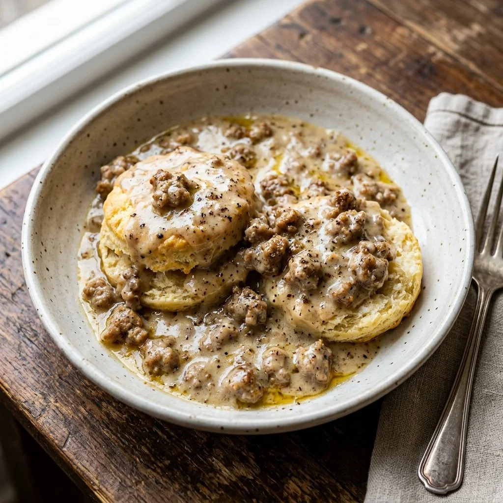 Delicious sausage gravy served over warm, flaky biscuits