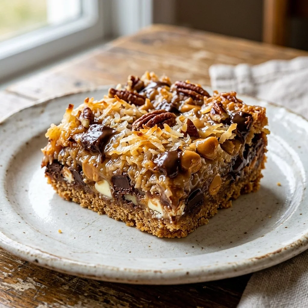 Deliciously layered Seven Layer Bars with chocolate, nuts, and caramel