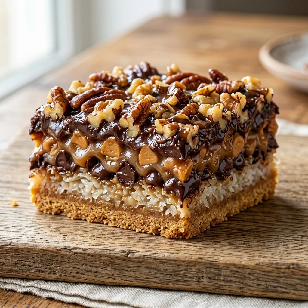 Homemade seven layer bars stacked on a plate, showcasing layers of chocolate and coconut.