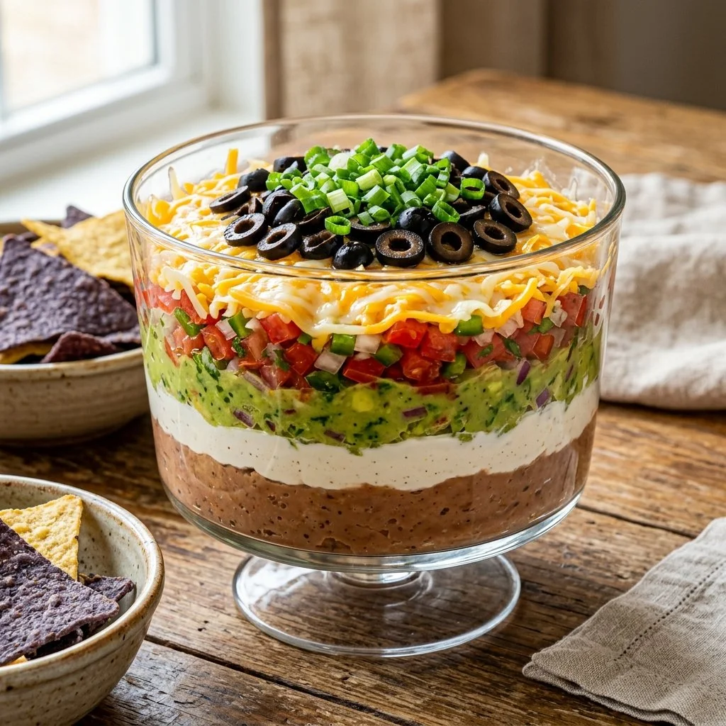 Delicious seven layer dip with beans, guacamole, cheese, salsa, and more.