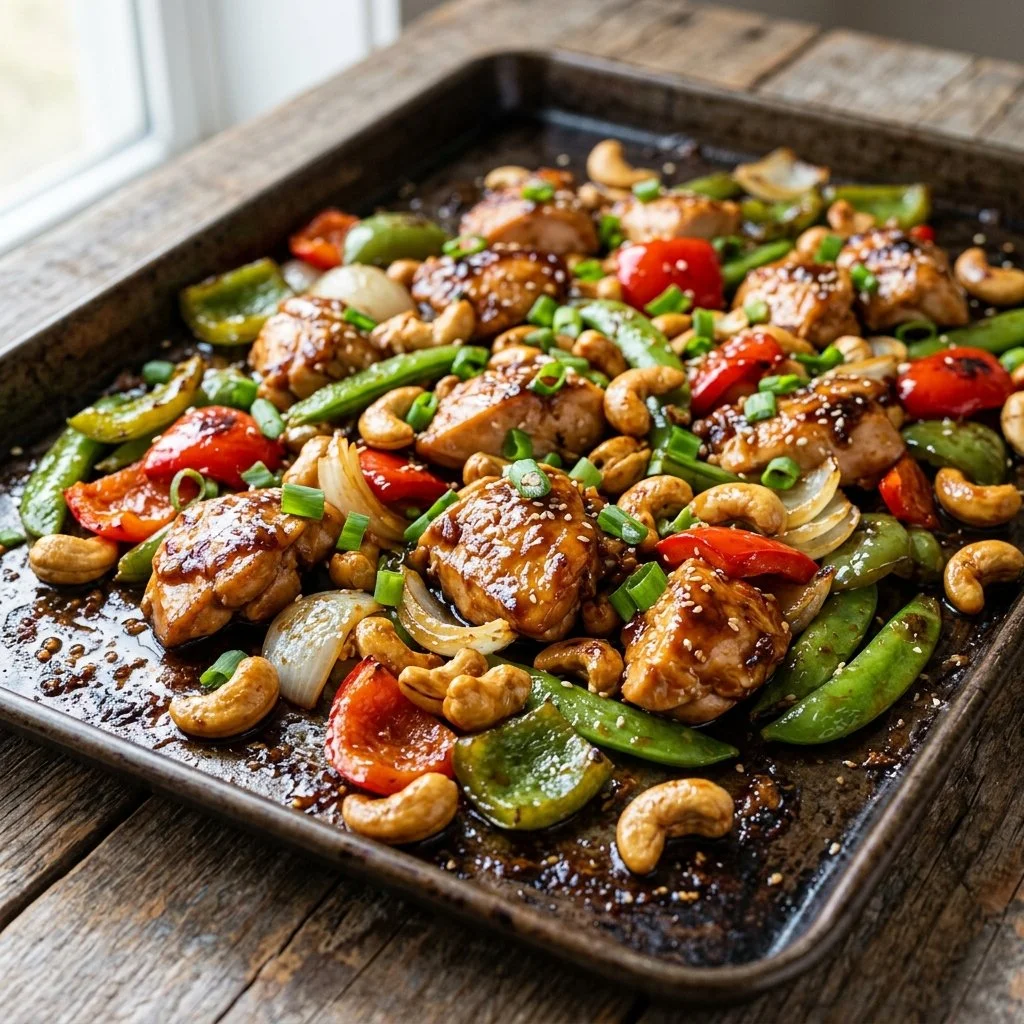 Sheet pan cashew chicken with vegetables, expertly roasted for a tasty meal.
