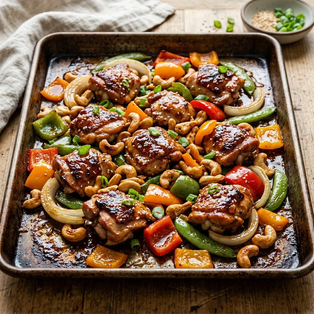 Delicious sheet pan cashew chicken served with vegetables and garnished nuts