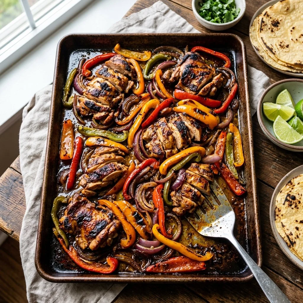 Delicious sheet pan chicken fajitas with colorful peppers and herbs
